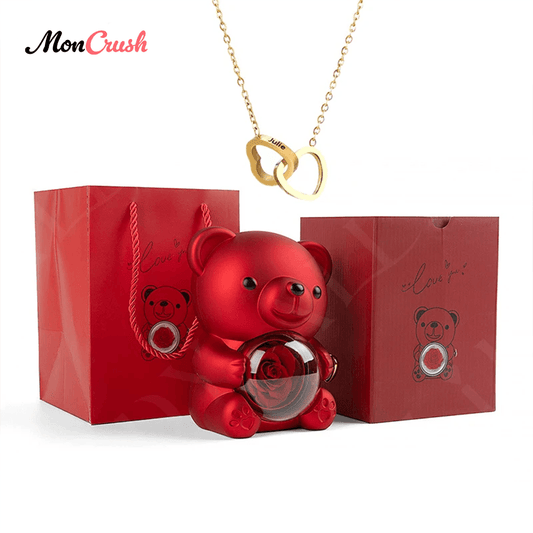 Coffret Ourson avec Collier Gravé & Rose Éternelle - Moncrush.fr